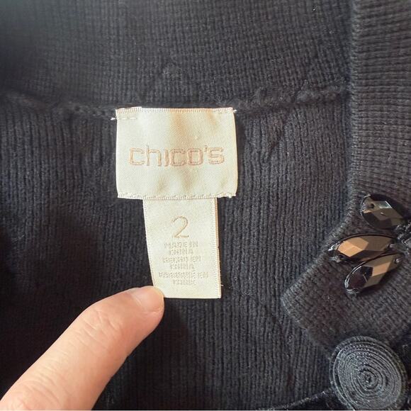 Vintage Chico’s Black Velvet Appliqué Beaded Knit Sweater Jacket Size 2 - Picture 3 of 14